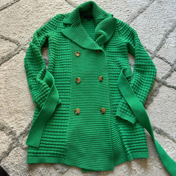 Ann Taylor green chunky knit cardigan sweater longline button front tie XXS - Picture 8 of 11